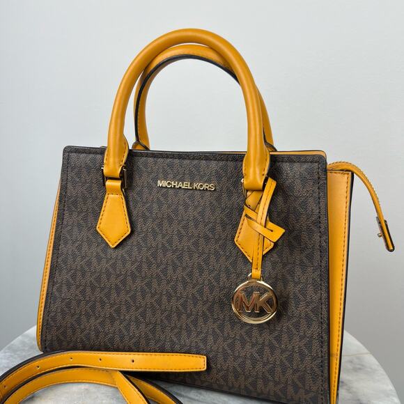 Michael Kors Yellow Leather And Brown Monogram Canvas Hope Satchel - Picture 10 of 12